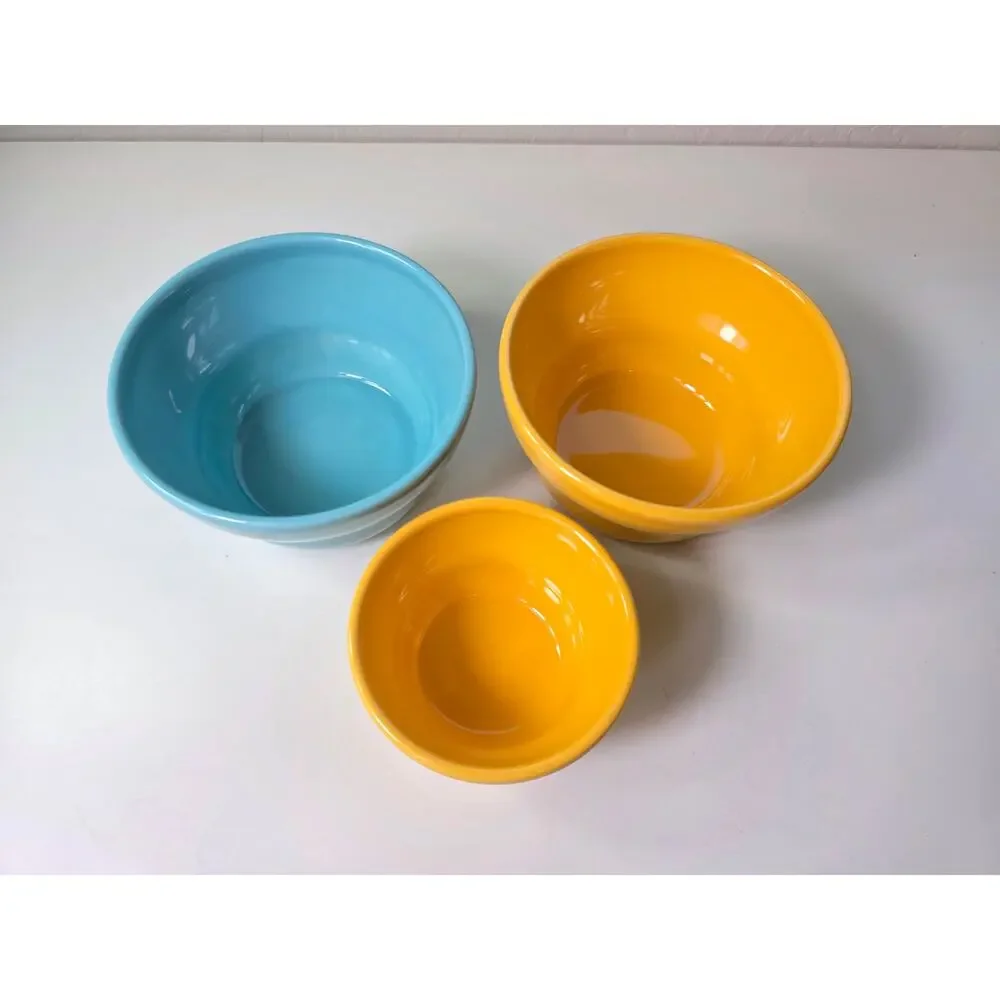 CRATE & BARREL Mustard Blue Small Nesting Earthenware Bowls Portugal Set of 3